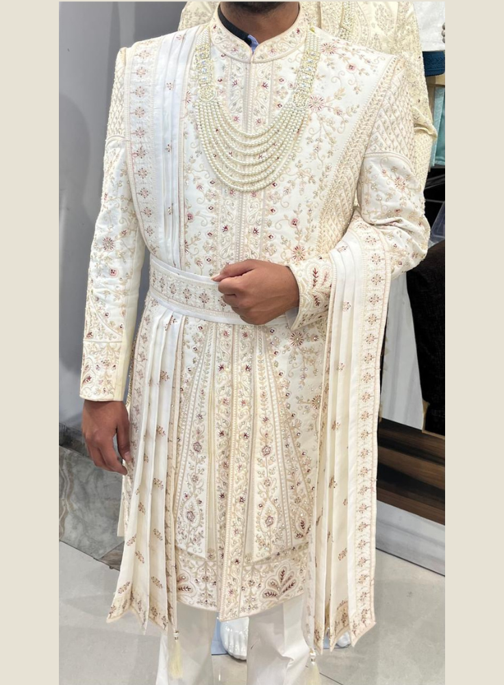 Golden Attire Ivory Groom Sherwani with Zardosi | Silk & Viscose Embroidered Wedding Outfit | Customizable Turban, Shawl & Necklace Set