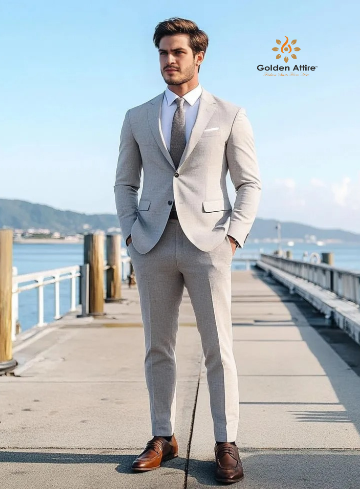 Customizable Light Grey Two Piece Suit, Premium Office Attire with White Shirt & Grey Tie, Modern Fit & Black Button Detailing