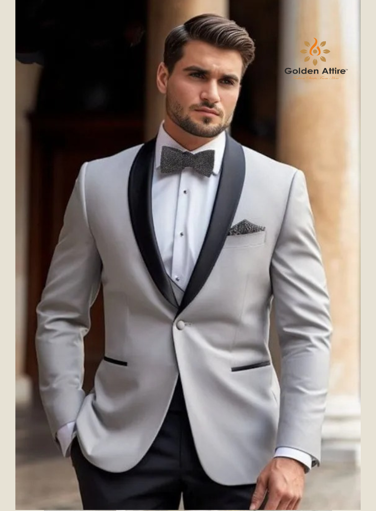 Elegant Light Grey Terry Rayon Tuxedo Suit | Customizable Shawl Lapel & Black Bow Tie Set for Sophisticated Events