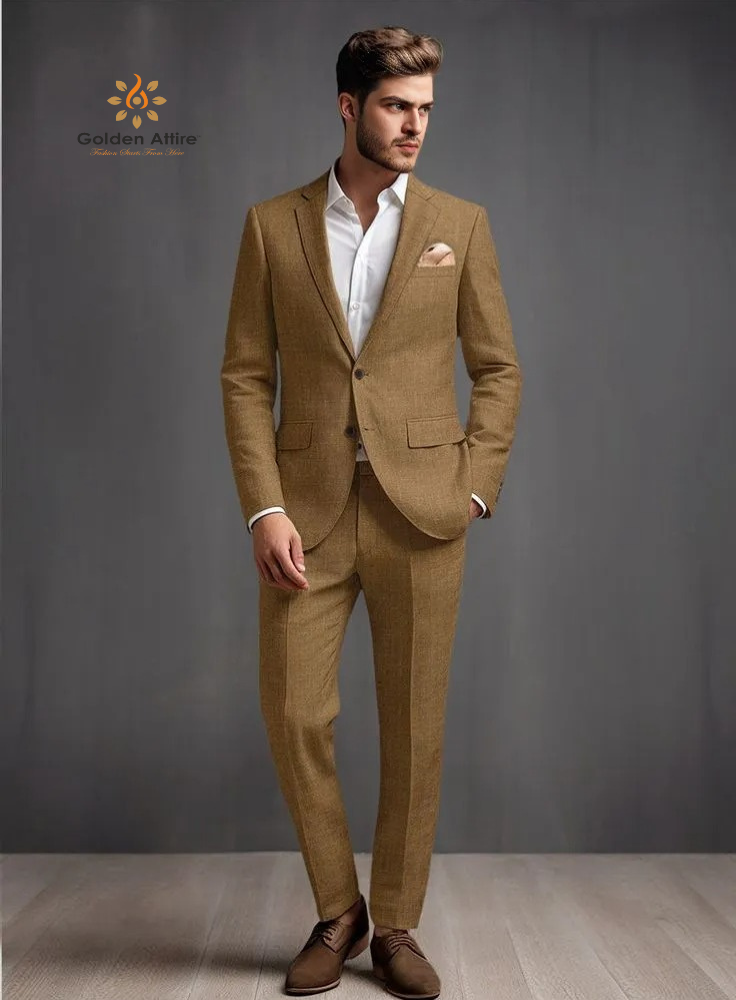 Golden Attire Men's Brown Linen Two-Piece Groom Suit, Comfortable & Customizable
