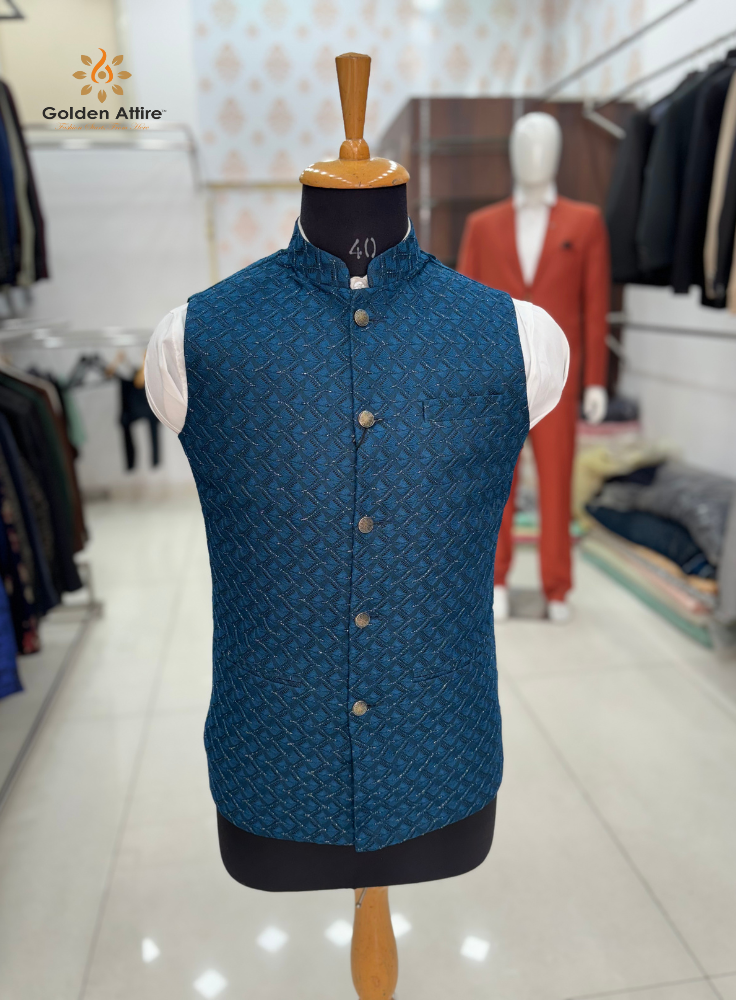 Royal Peacock Blue Bundis Nehru Jacket | Luxurious Velvet with All-Over Thread Embroidery | Customizable Design & Free Worldwide Shipping | Golden Attire