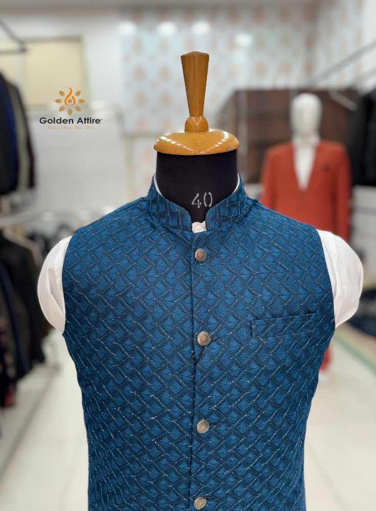 Royal Peacock Blue Bundis Nehru Jacket | Luxurious Velvet with All-Over Thread Embroidery | Customizable Design & Free Worldwide Shipping | Golden Attire