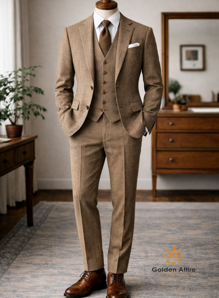 Premium Tweed Wool Three-Piece Groom Suit, Custom Tan Winter Wedding Suit