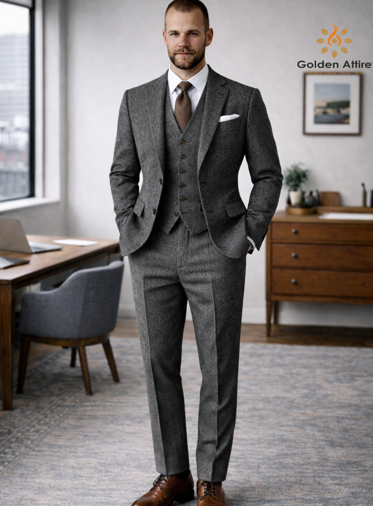 Charcoal Grey Tweed Three Piece Suit Men, Premium Wool Groom Wedding Suit