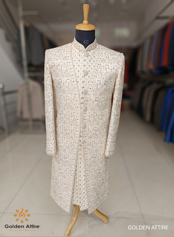Premium Ivory Art Silk Sherwani, Custom Groom Wedding Outfit