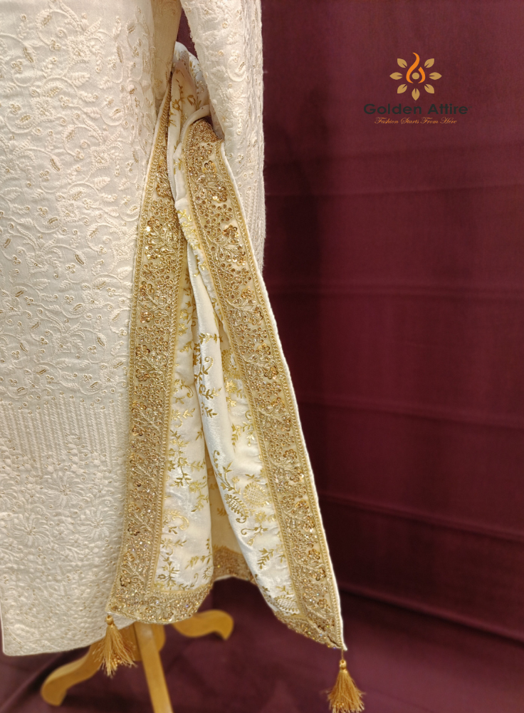 Ivory & Gold Embroidered Velvet Wedding Turban & Shawl Set