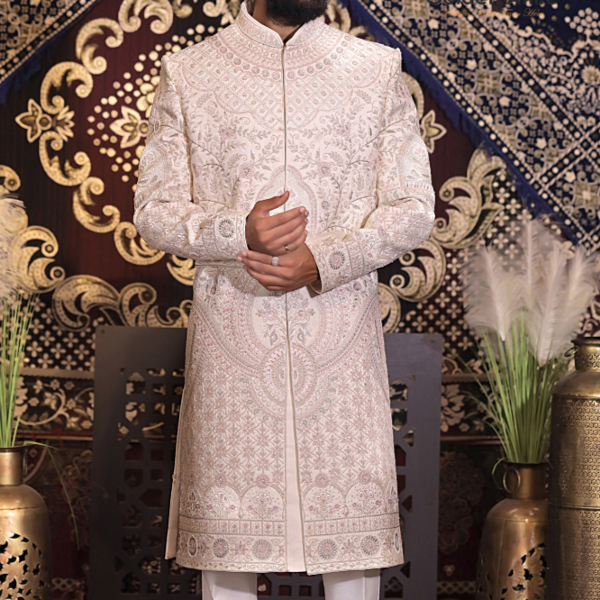 Rose Gold Dulha Sherwani Art Silk w/ Zardozi & Thread Embroidery