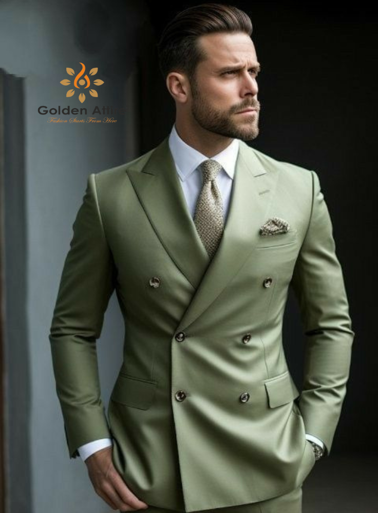Elegant Double-Breast Suit in Sage Green - Sophisticated and Comfortable