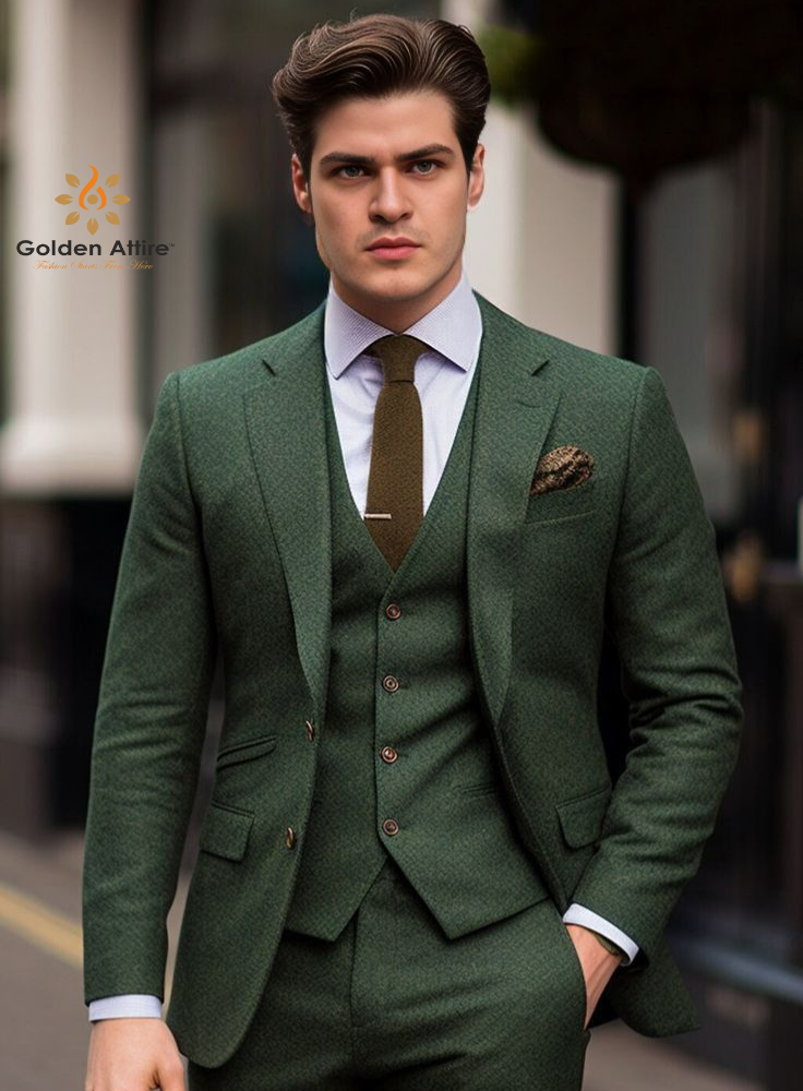 Classic Green wool Tweed Men Suit, 3 Piece Suit, vintage suit, Bespoke Suit, Classic Elegance, Modern Comfort