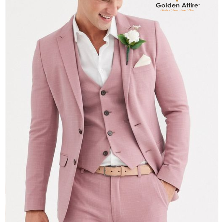 Dusty Pink Men’s 3 Piece Suit, Groom Wedding Suit Custom Tailored Suits