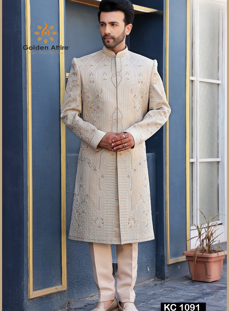 Rose Gold Groom Sherwani Latest Zardozi & Thread Embroidery