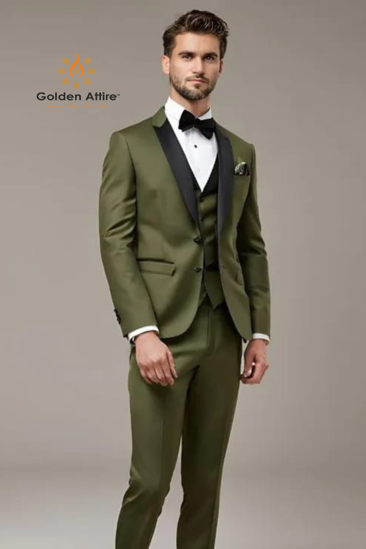 Olive Green Three-Piece Dinner Suit with Black Shawl Lapel, White Shirt & Black Bow Tie - Premium Terry Rayon Fabric
