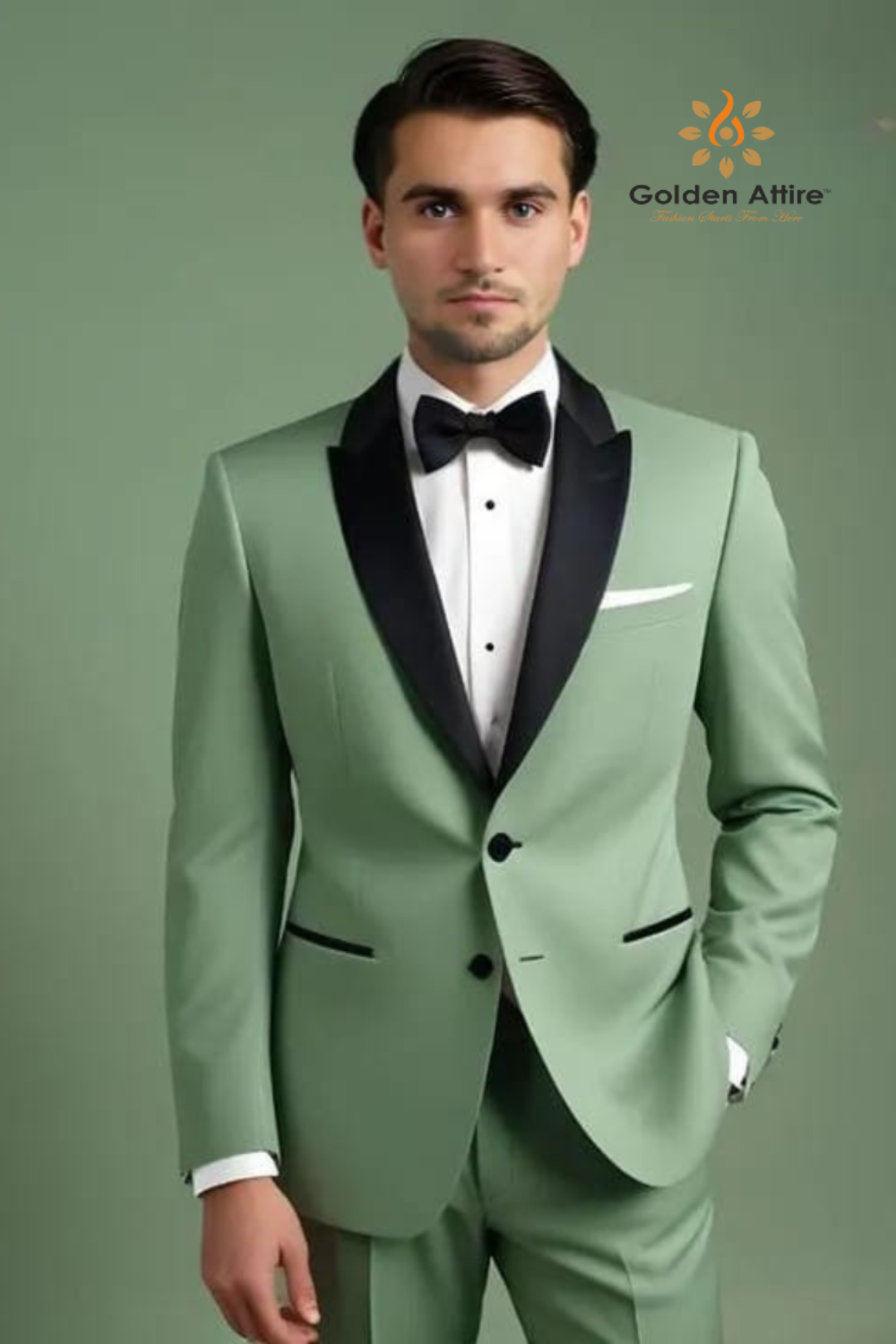 Sage Green Two Piece Suit with Black Lapel and Black Buttons