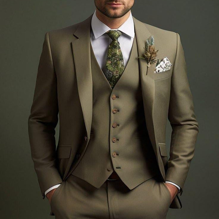 Bespoke Dark Olive Green Three Piece Suit in Terry Rayon Fabric Customizable Luxury with White Shirt & Green Tie