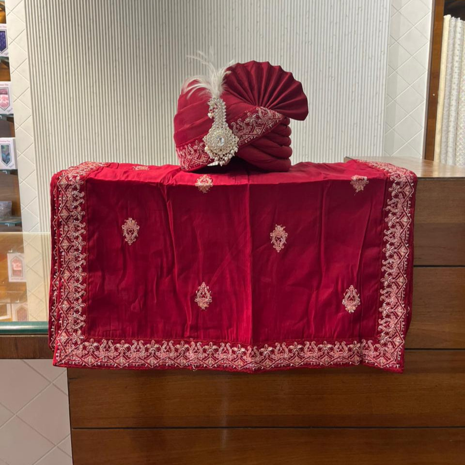 Red Groom Turban with Embroidered Border, Lightweight & Adjustable Turban Shawl for Sherwani
