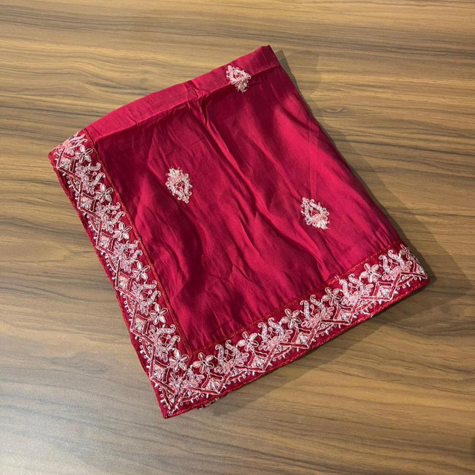 Red Groom Turban with Embroidered Border, Lightweight & Adjustable Turban Shawl for Sherwani