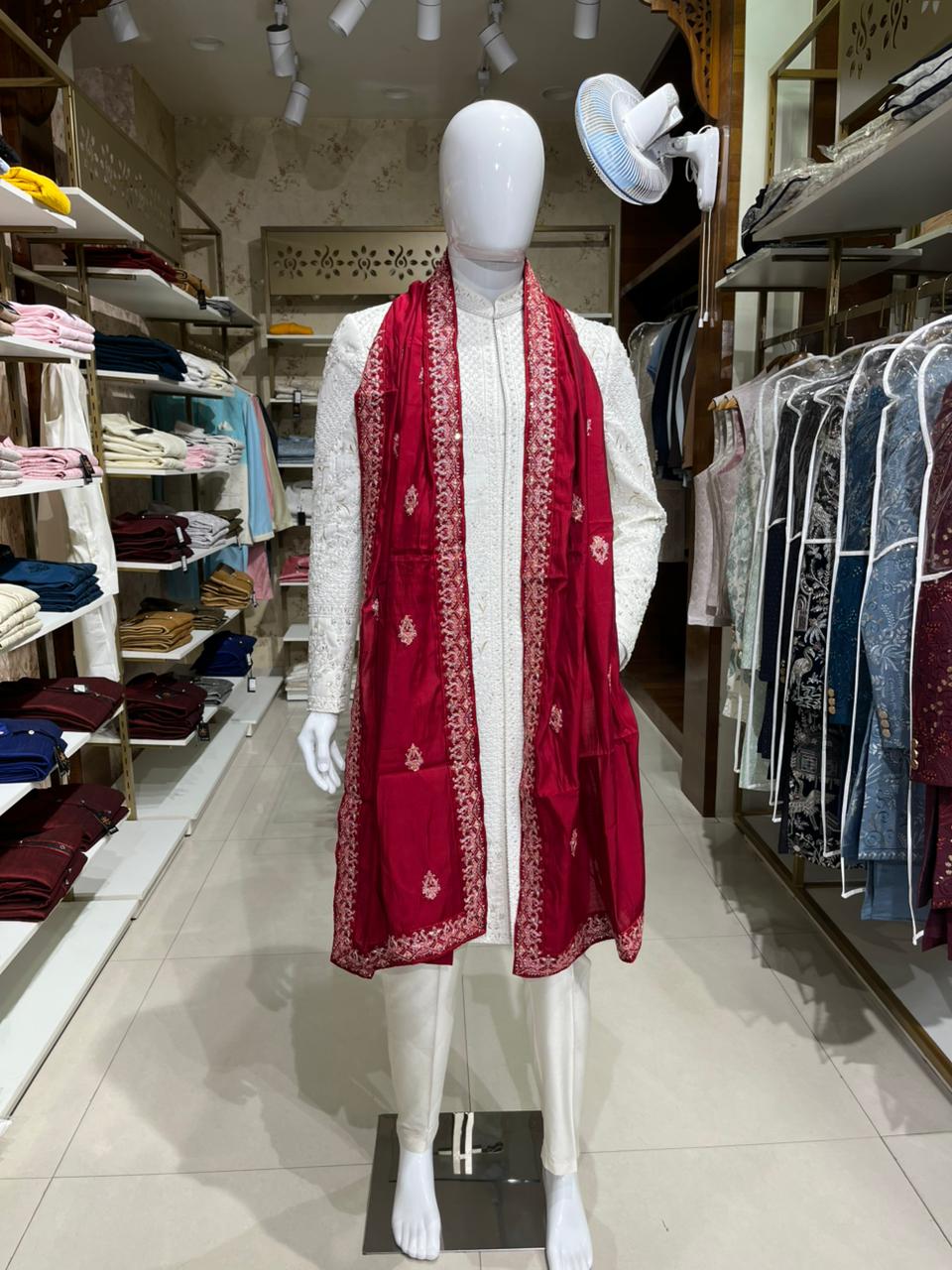 Red Embroidered Groom Shawl and Turban Set for Sherwani