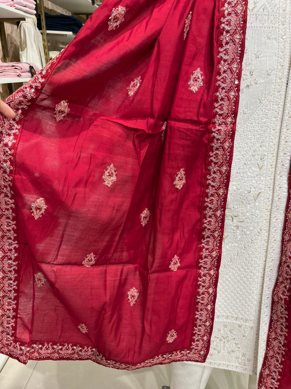 Red Embroidered Groom Shawl and Turban Set for Sherwani