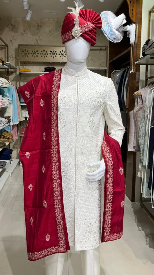 Red Groom Turban with Embroidered Border, Lightweight & Adjustable Turban Shawl for Sherwani