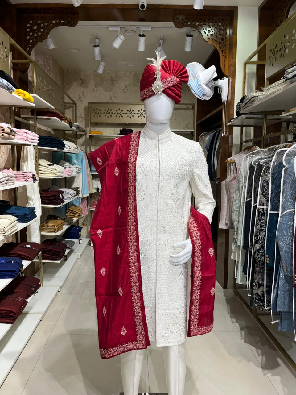 Red Embroidered Groom Shawl and Turban Set for Sherwani