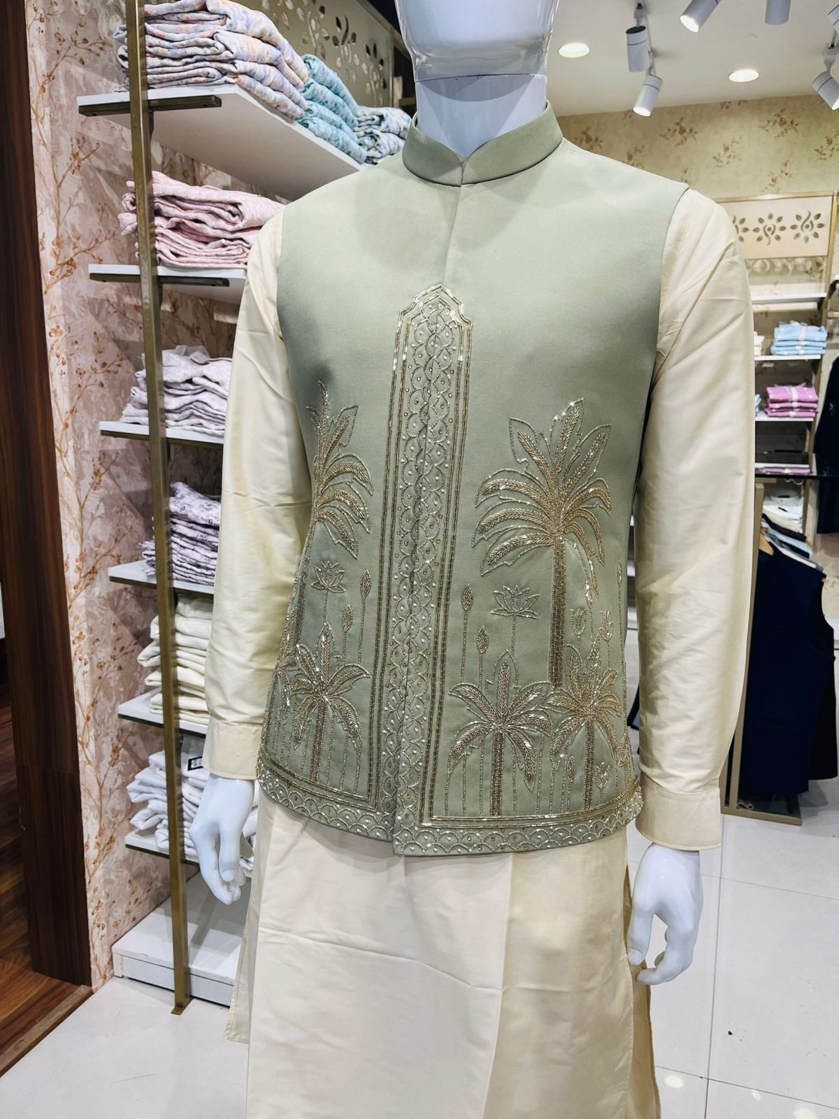 Sage Green Bandhgala Jacket with Beige Kurta Pajama Set, Zardozi Embroidered Nehru Jacket Set,