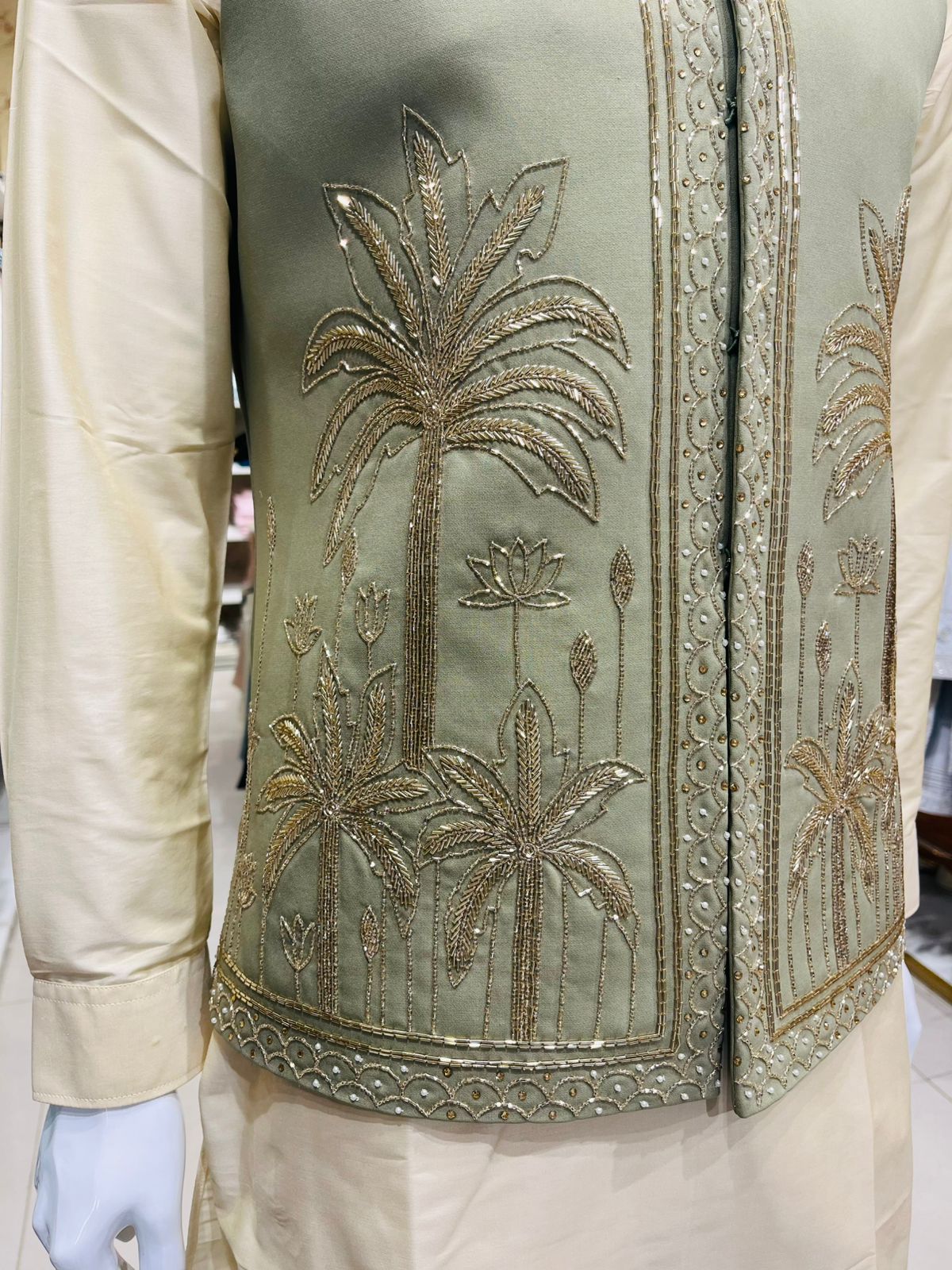 Sage Green Bandhgala Jacket with Beige Kurta Pajama Set, Zardozi Embroidered Nehru Jacket Set,