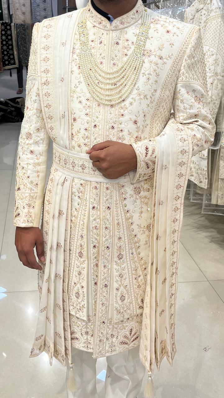 Golden Attire Ivory Groom Sherwani with Zardosi | Silk & Viscose Embroidered Wedding Outfit | Customizable Turban, Shawl & Necklace Set