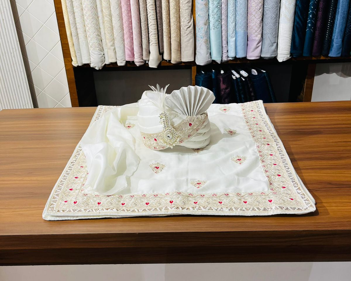 Attractive Indian Wedding Ivory Turban Shawl for Groom