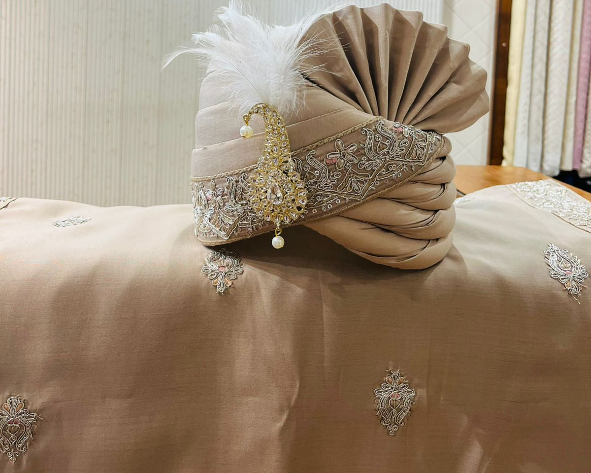 Men's Light Brown Turban & Shawl Set | Elegant Safa Stole with Embroidery for Sherwani
