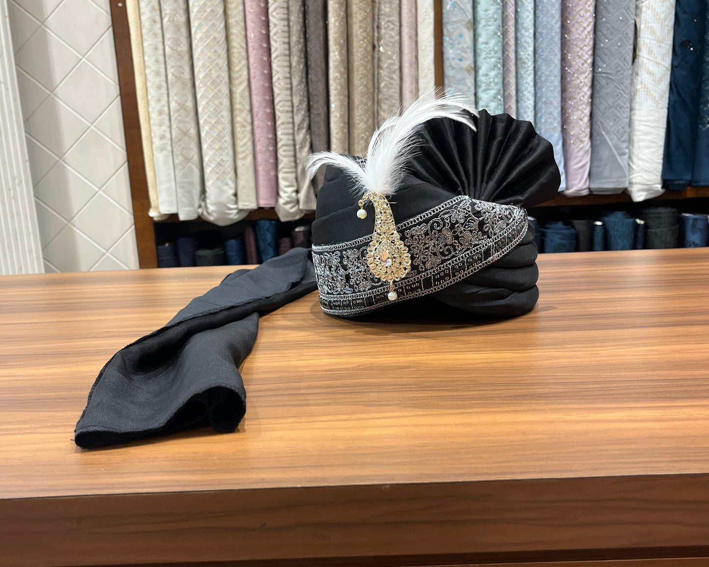 Men's Wedding Black Turban & Shawl Set, Grey Embroidered Safa for Groom, Sherwani Accessory