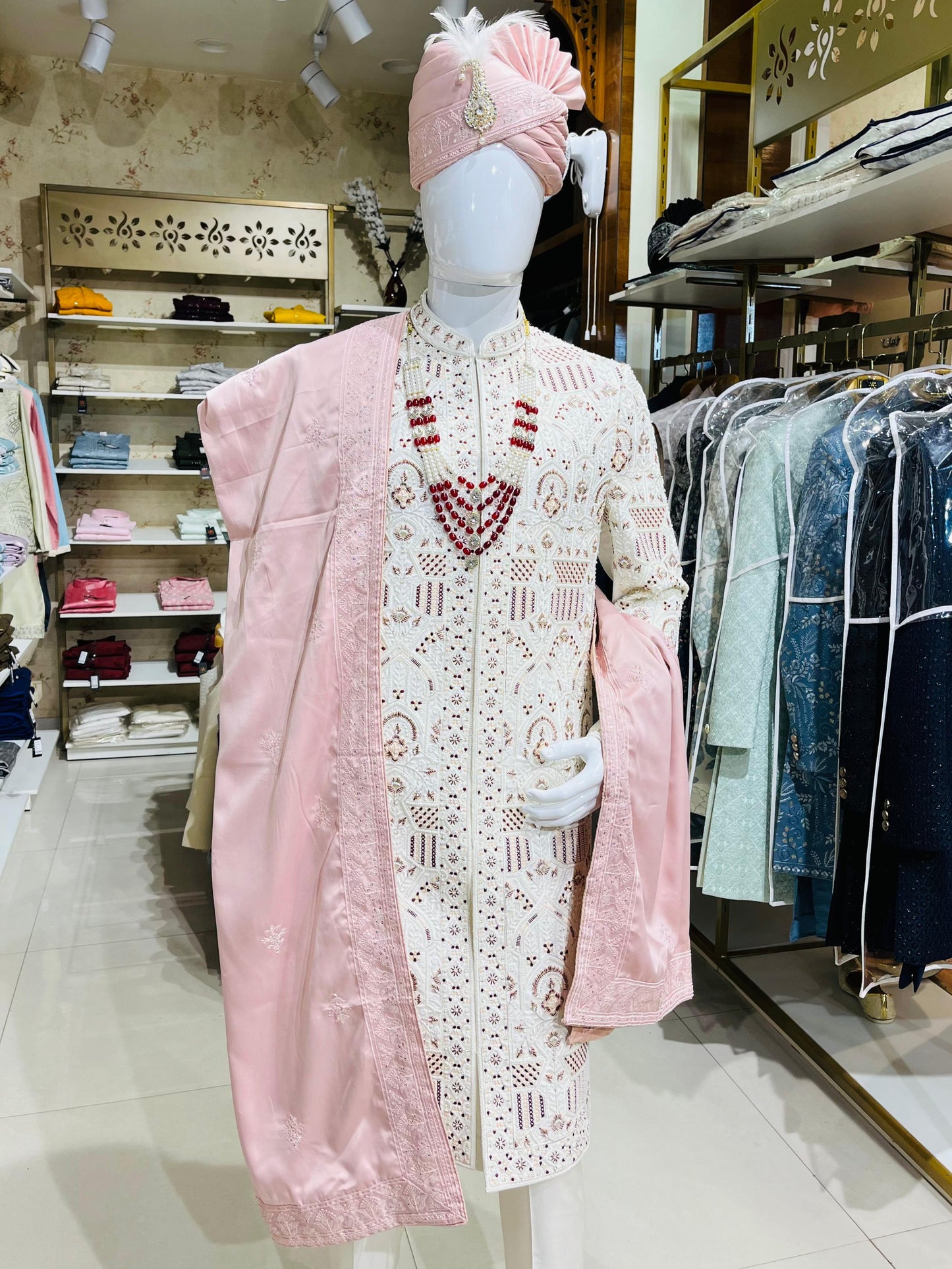 Premium Dusty Rose Indian Groom Safa Turban & Shawl Set for Sherwani, Adjustable Safa Pagri with Embroidery Border