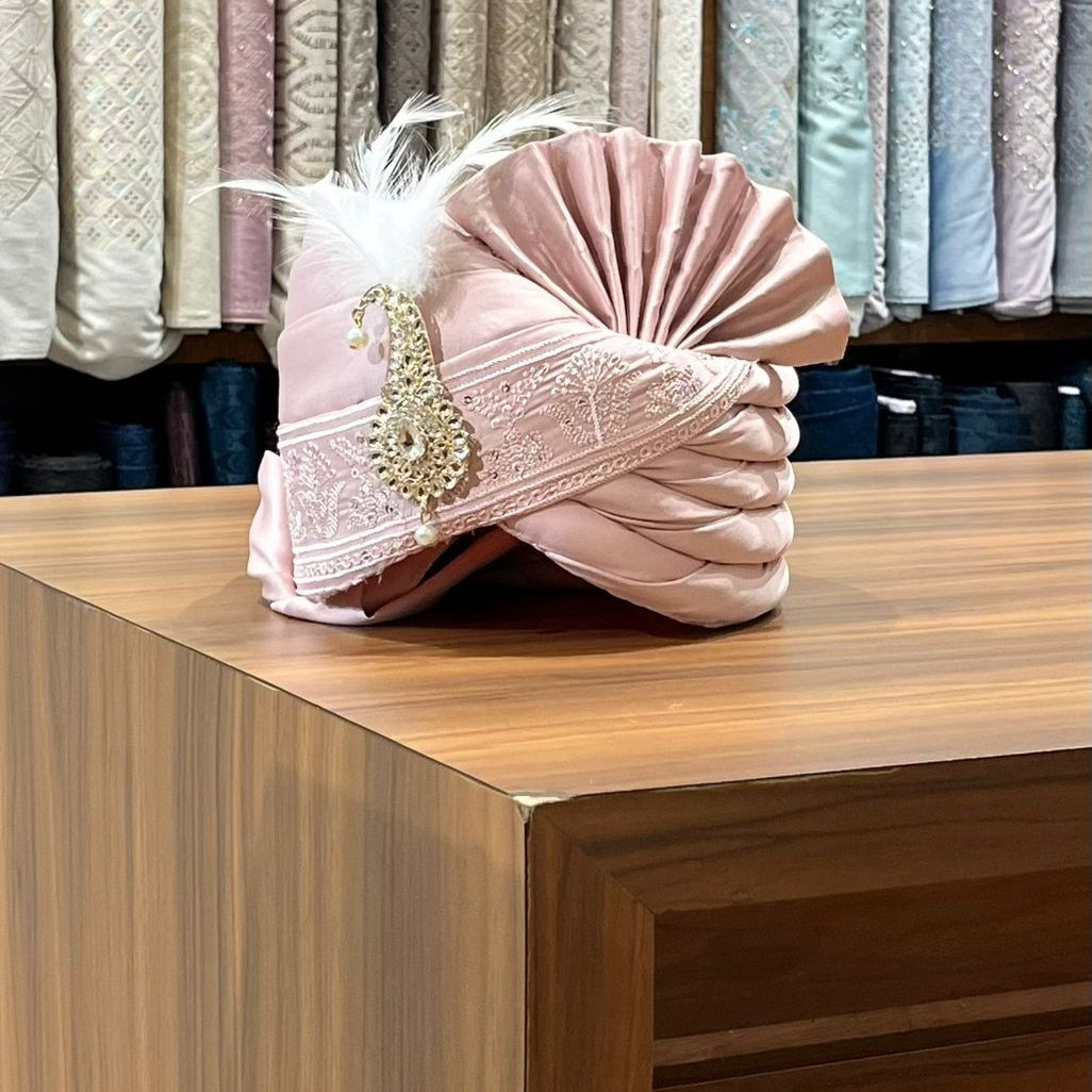 Premium Dusty Rose Indian Groom Safa Turban & Shawl Set for Sherwani, Adjustable Safa Pagri with Embroidery Border