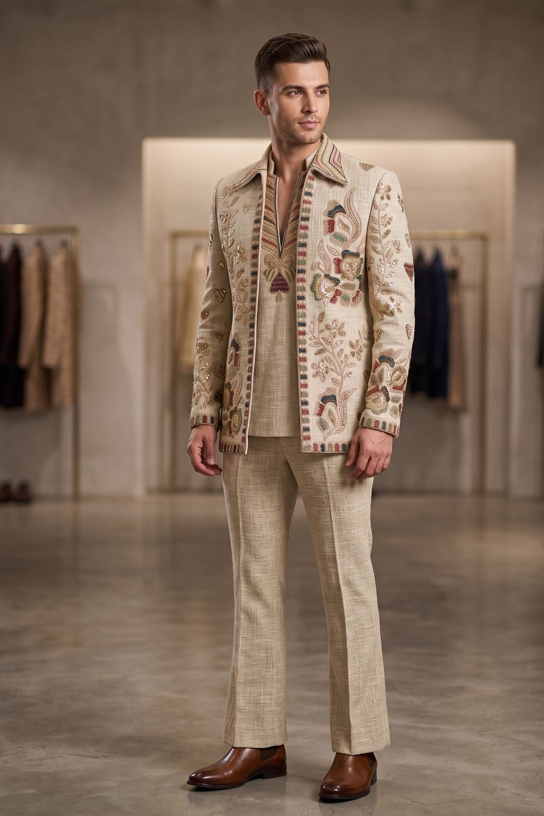 Hand Embroidered Beige Khadi Linen Indo Western Suit for Men