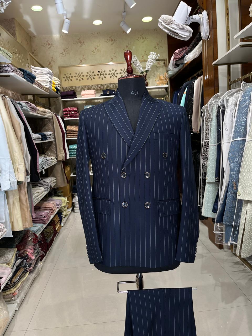 Navy Blue Pinstripe Suit, Men's Double Breasted Suit