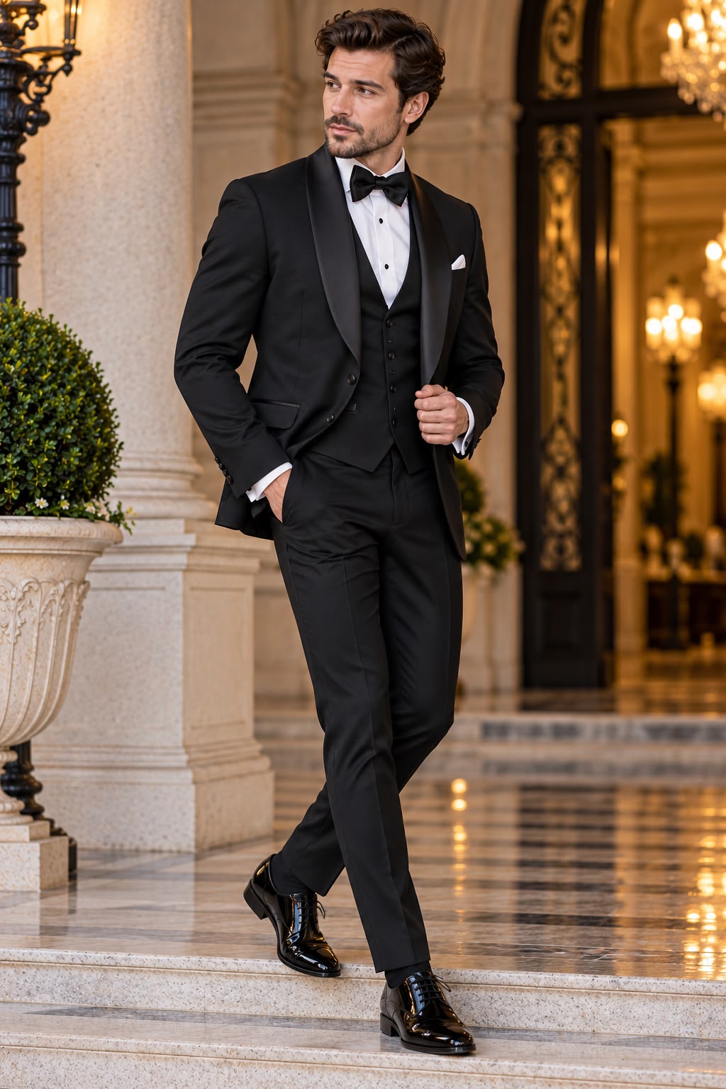 Black Three Piece Tuxedo, Shawl Lapel Dinner Suit