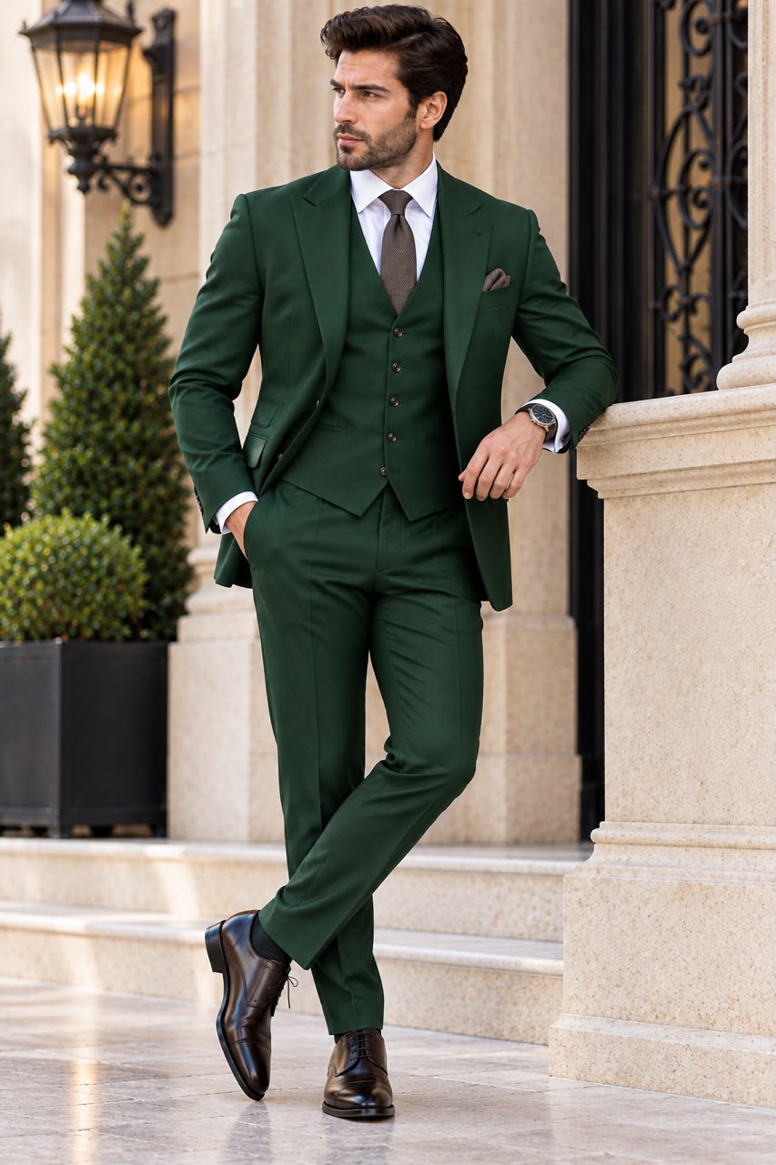 Men’s Forest Green Three Piece Suit, Custom Tailored Terry Rayon Suit