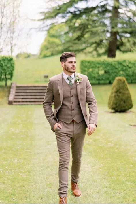 Tailored Groom Suit Comfortable Tan Brown & Fawn Tweed Wool 3-Piece Suit
