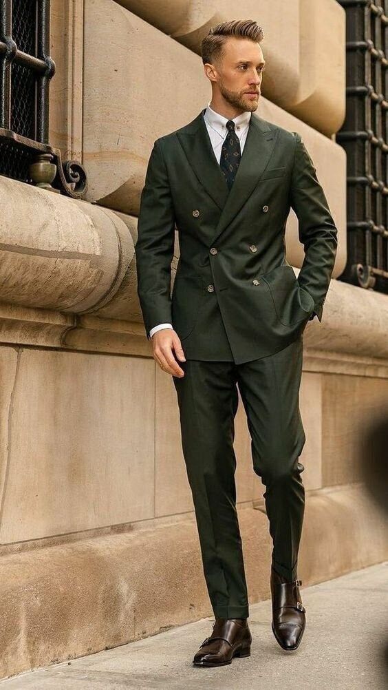 Forest Green Double Breasted Suit for Men, Custom Tailored Wedding Groom Outfit