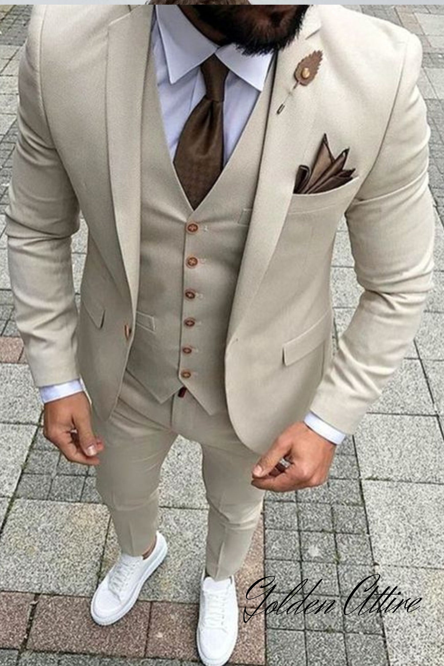 Beige 3-Piece Suit: Slim Fit One Button Wedding Groom Suit