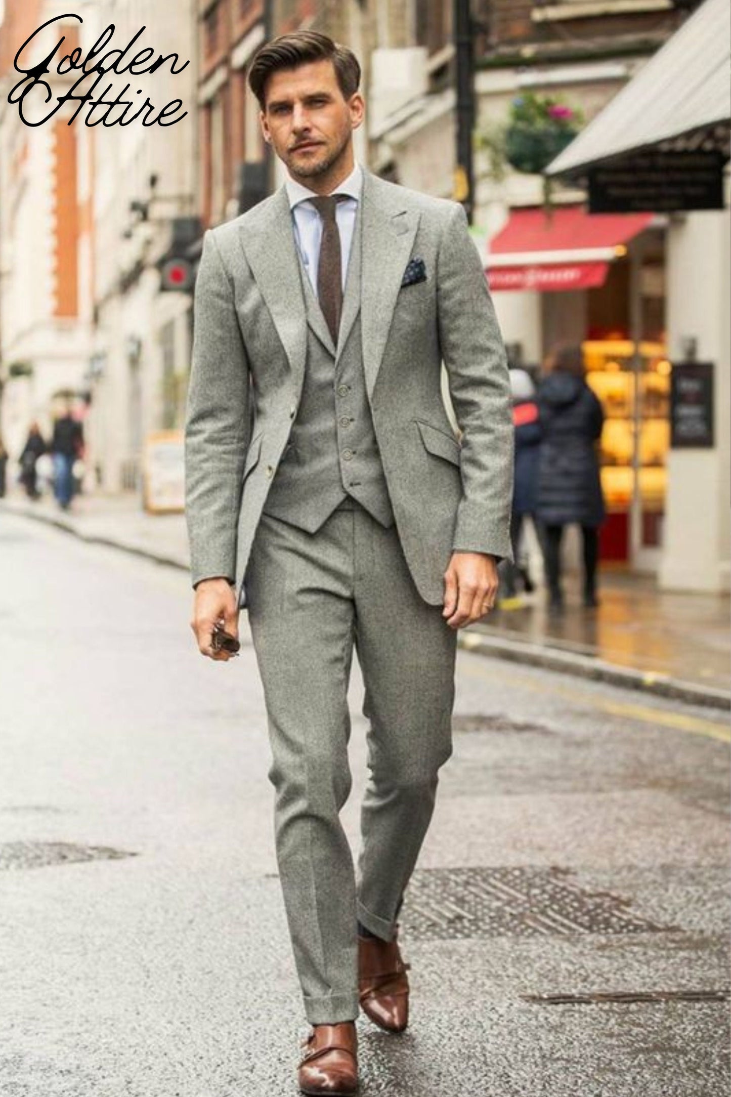 Tweed Wool Suit, Luxury 3 Piece Man Suit, Light Grey Wedding Wear