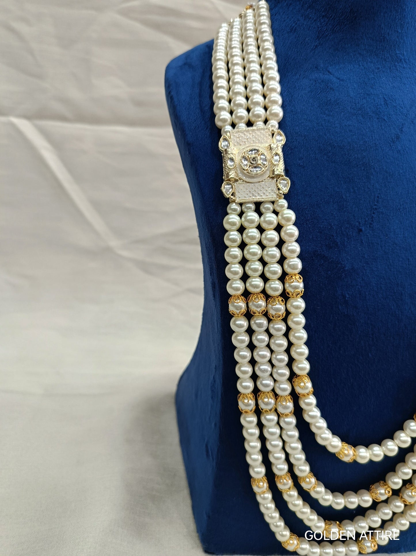 Groom's Pearl & Stone Sherwani Necklace: Wedding Jewelry, Ivory groom Kantha, Mala