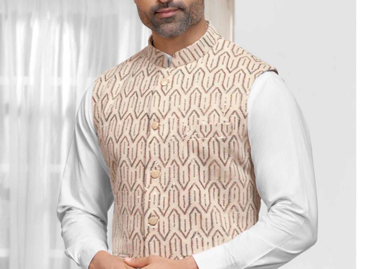 Ivory Nehru Jacket: Men's Beige Modi Vest, Indian Wedding Groom Attire