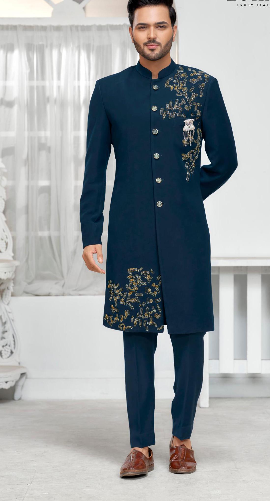 Blue Sherwani for Groom: Bollywood Bandhgala Suit