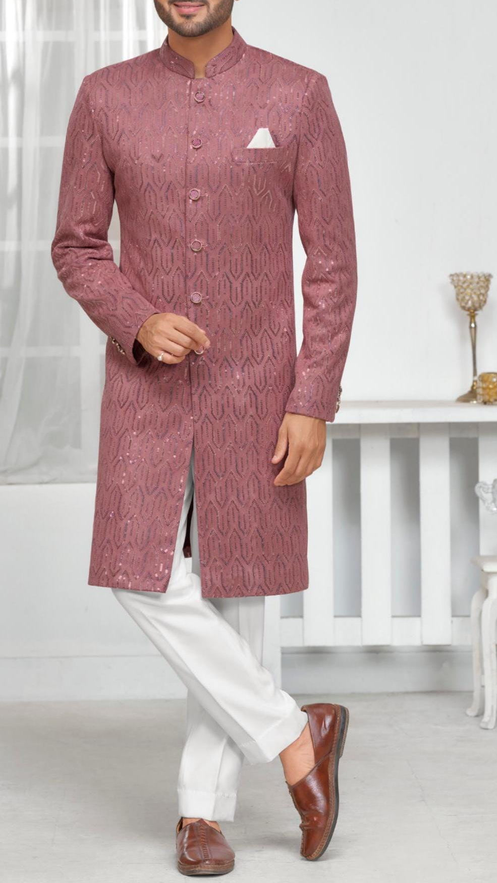 Dusty Rose Velvet Indo western Sherwani for Men, Groom Outfit