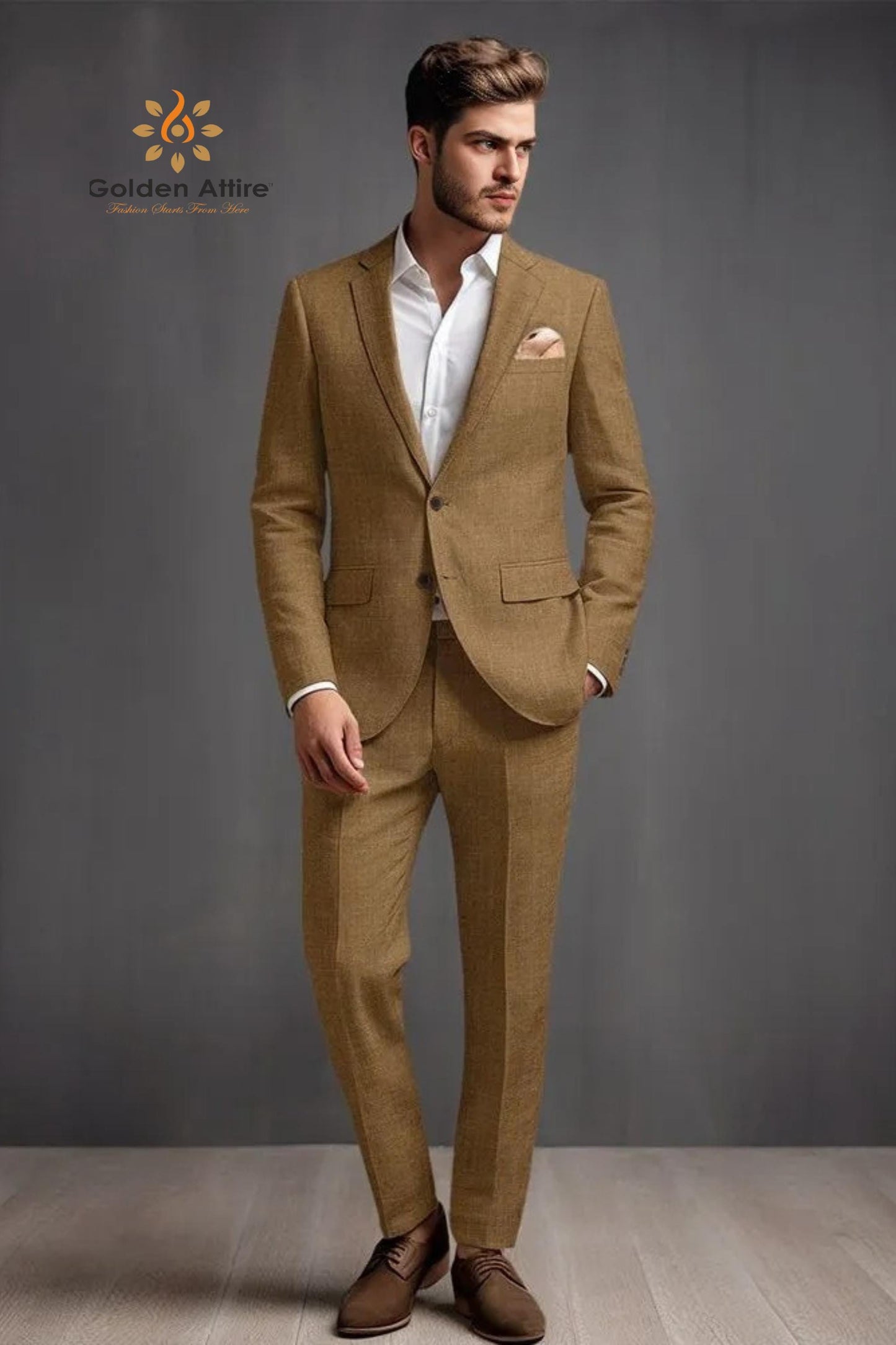 Men's Brown Linen Suit: Customizable Two Piece Groom Attire