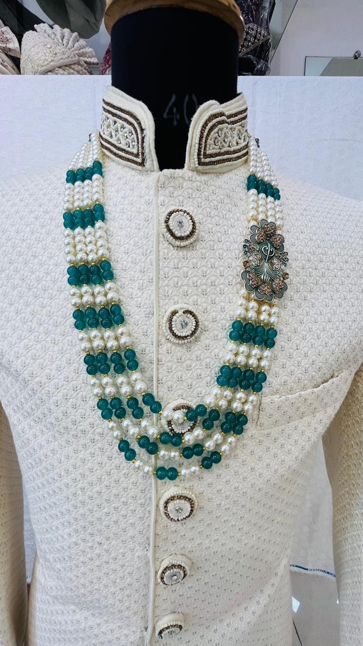 Indian Groom Necklace Set: Green Stone Brooch, Pearl Mala - Golden Attire