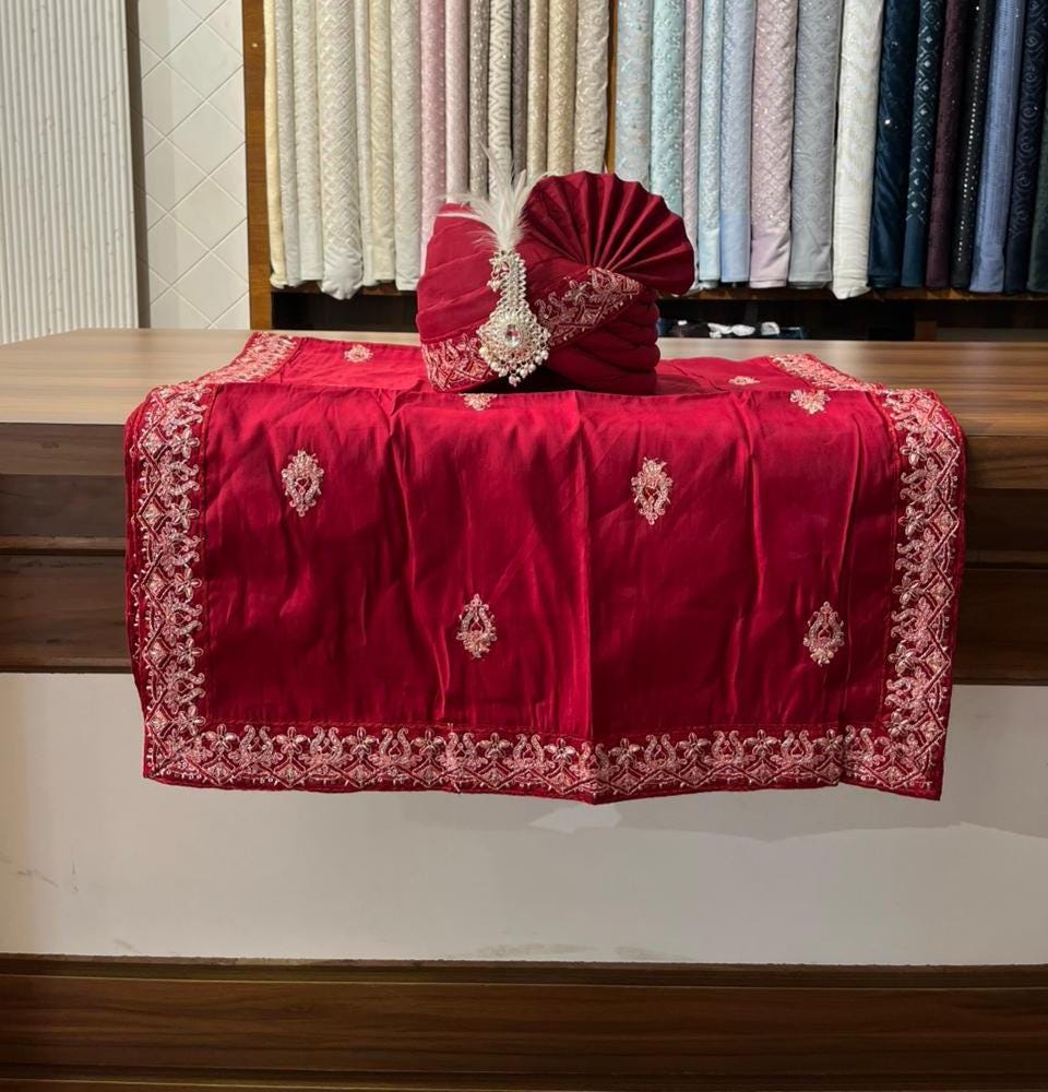 Red Embroidered Groom Shawl and Turban Set