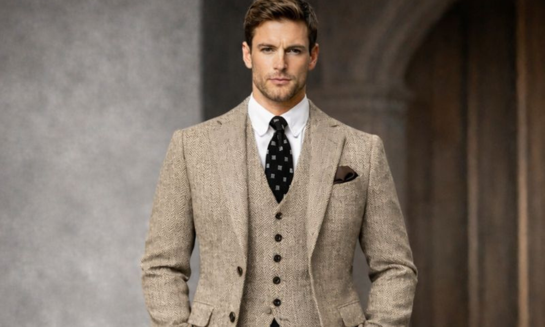 Beige Herringbone Three Piece Groom Suit – The Ultimate Winter Wedding Style
