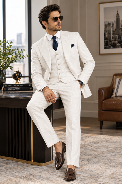 Men’s White Three Piece Suit, Textured Ivory Suit, Wide Lapel
