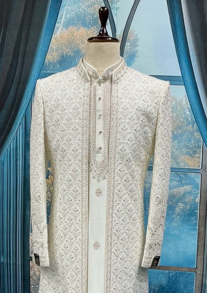 Ivory Indo-Western Sherwani Zardozi & Thread Embroidered Groom Wear Outfit